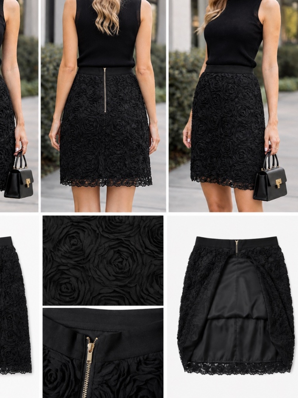 ✨ Statement Black Rosette Textured Skirt – Chic & Tailored ✨ Like NEW!  Sz 6 - Picture 4 of 8